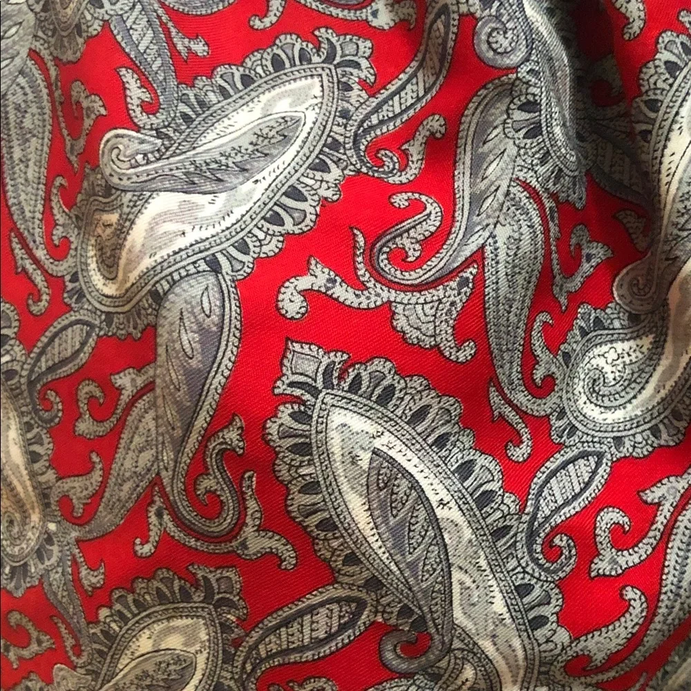 Hand printed in Switzerland Opera Wool Scarf w/ Red & Gray Paisley Design.